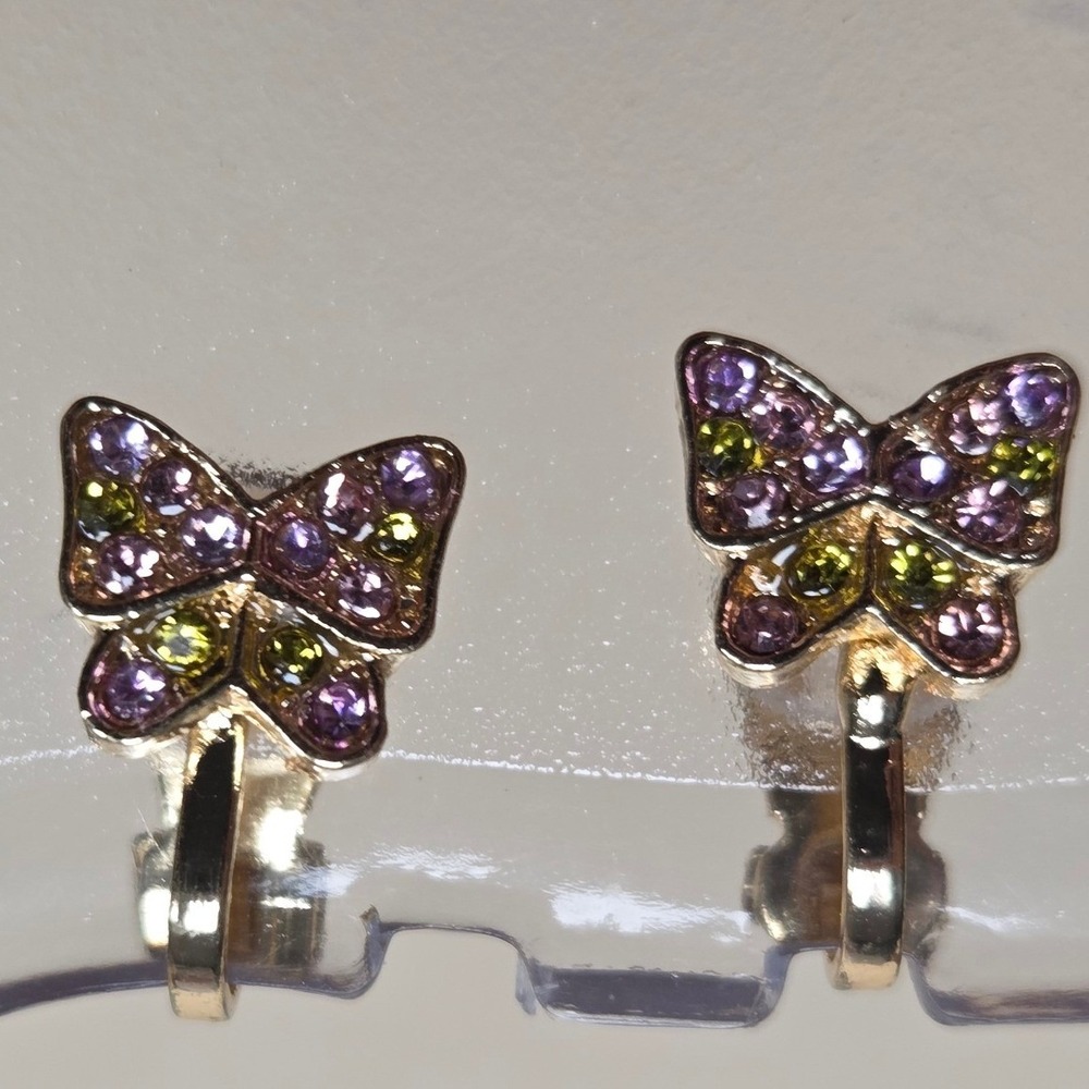 Gold Tone Purple Lime Green Rhinestone Butterfly Clip On Earrings Pavé Set